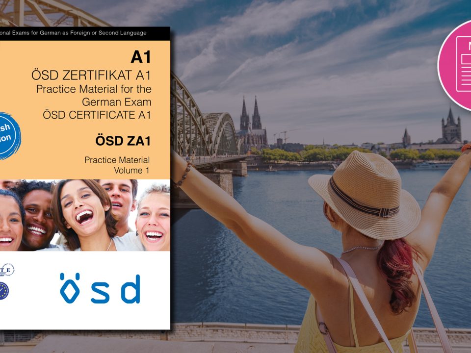 Englische Version des Übungsmaterial für die ÖSD-Deutschrüfung ZA1. Im Hintergrund ist die deutsche Stadt Köln zu sehen.